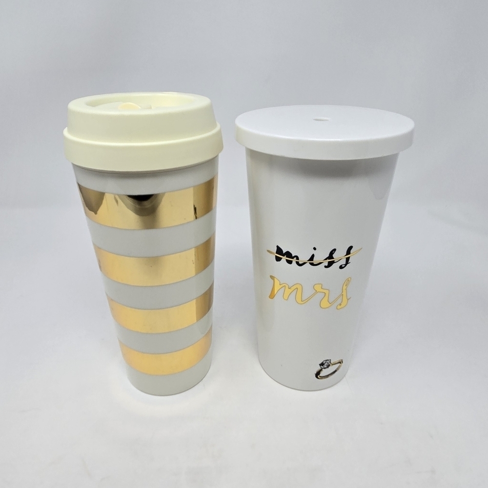 KATE SPADE BRIDAL WEDDING BUNDLE 2 PLASTIC TUMBLERS TRAVEL MUG MISS MRS GOLD